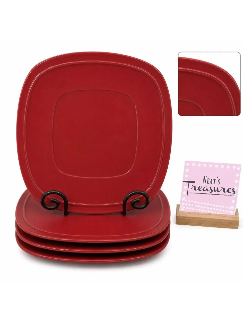 Home Trends CANOPY RED Cranberry Embossed Square Porcelain Dinner Plates Set 4